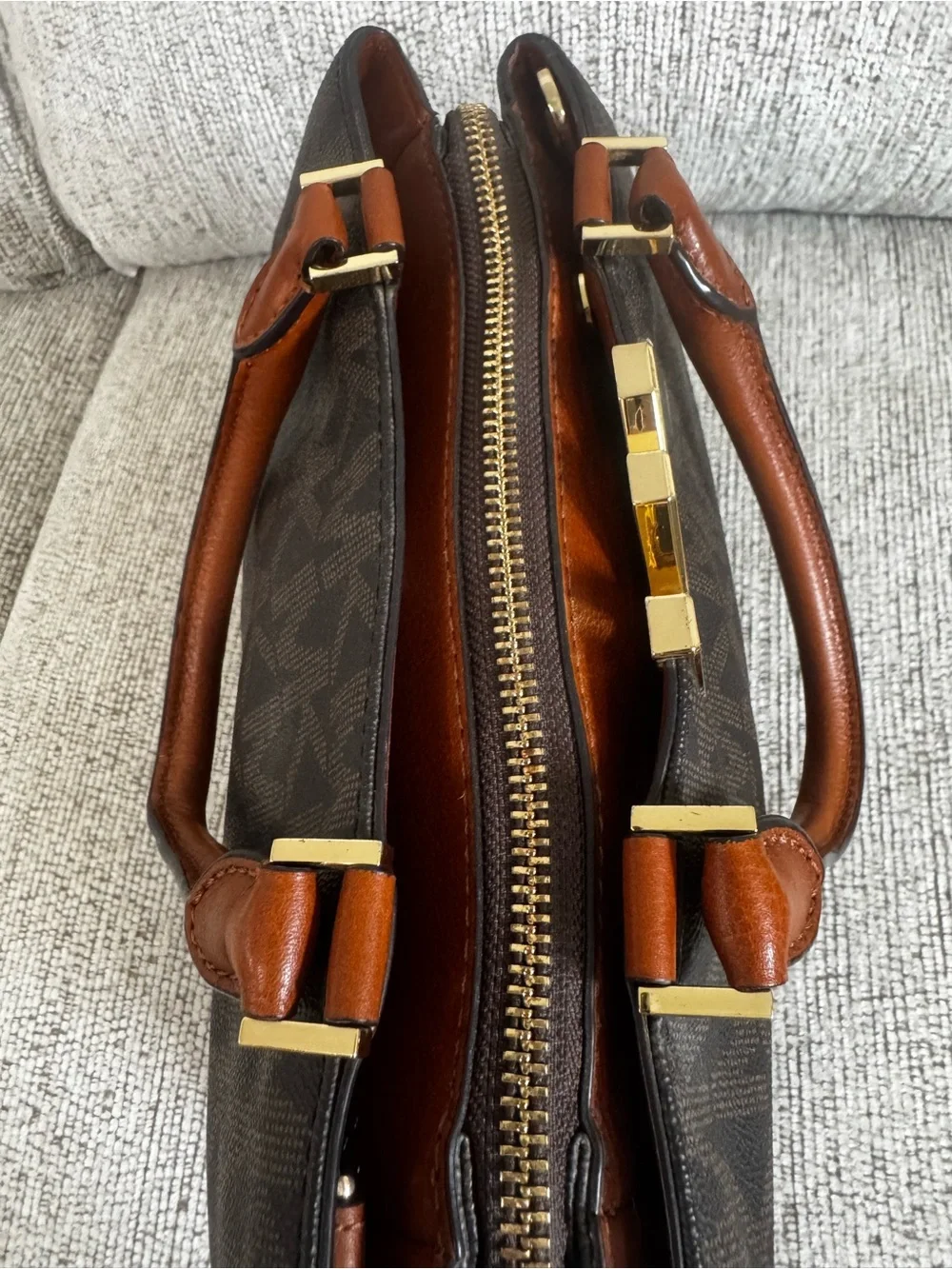 Michael Kors Dark Brown Signature Satchel Shoulder Bag w/Leather Handles & Trim